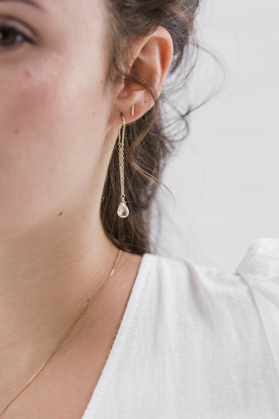 Close up of woman wearing Guardian Clear Quartz Threader earring