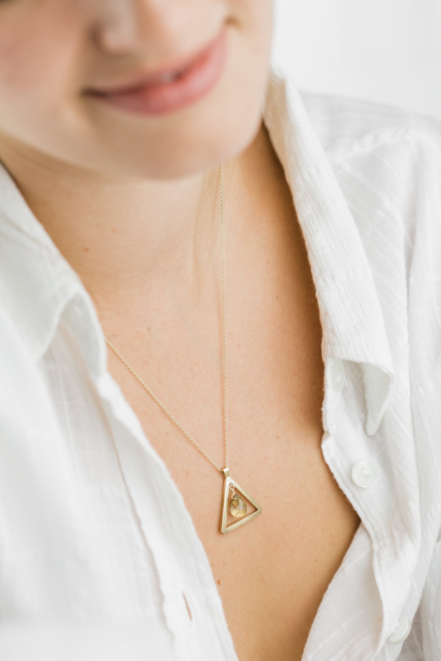 Close up of woman Guardian Triangle Smokey Quartz Necklace 